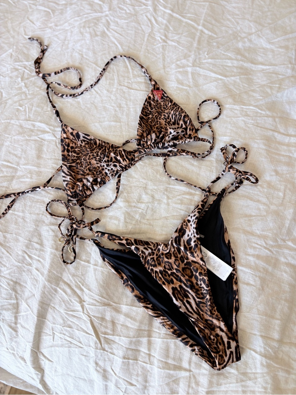 GUESS Leopard Print Triangle Bikini Set with Gold Tone G Charms